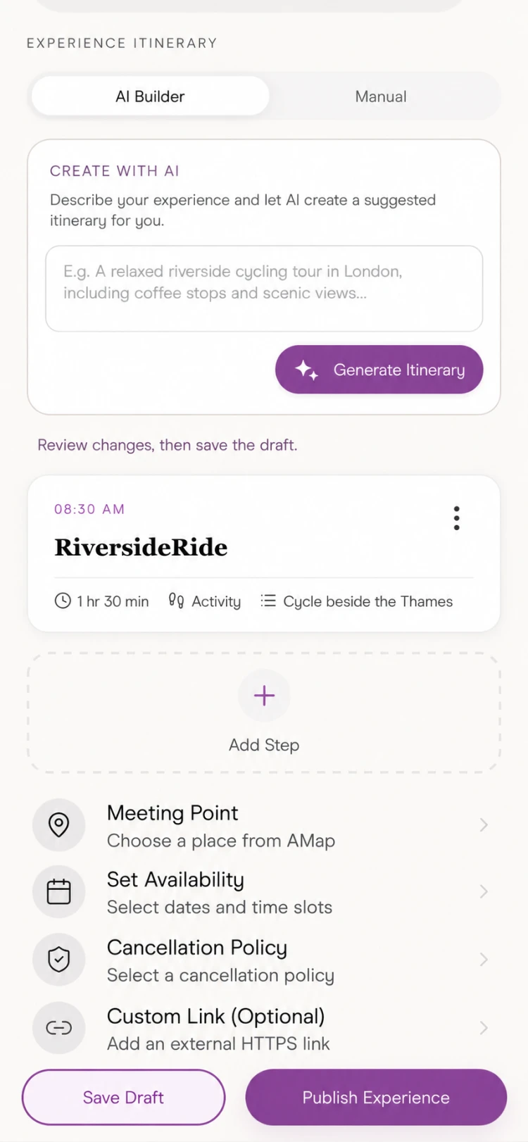 Cpal AI Builder for creating and refining a local experience itinerary