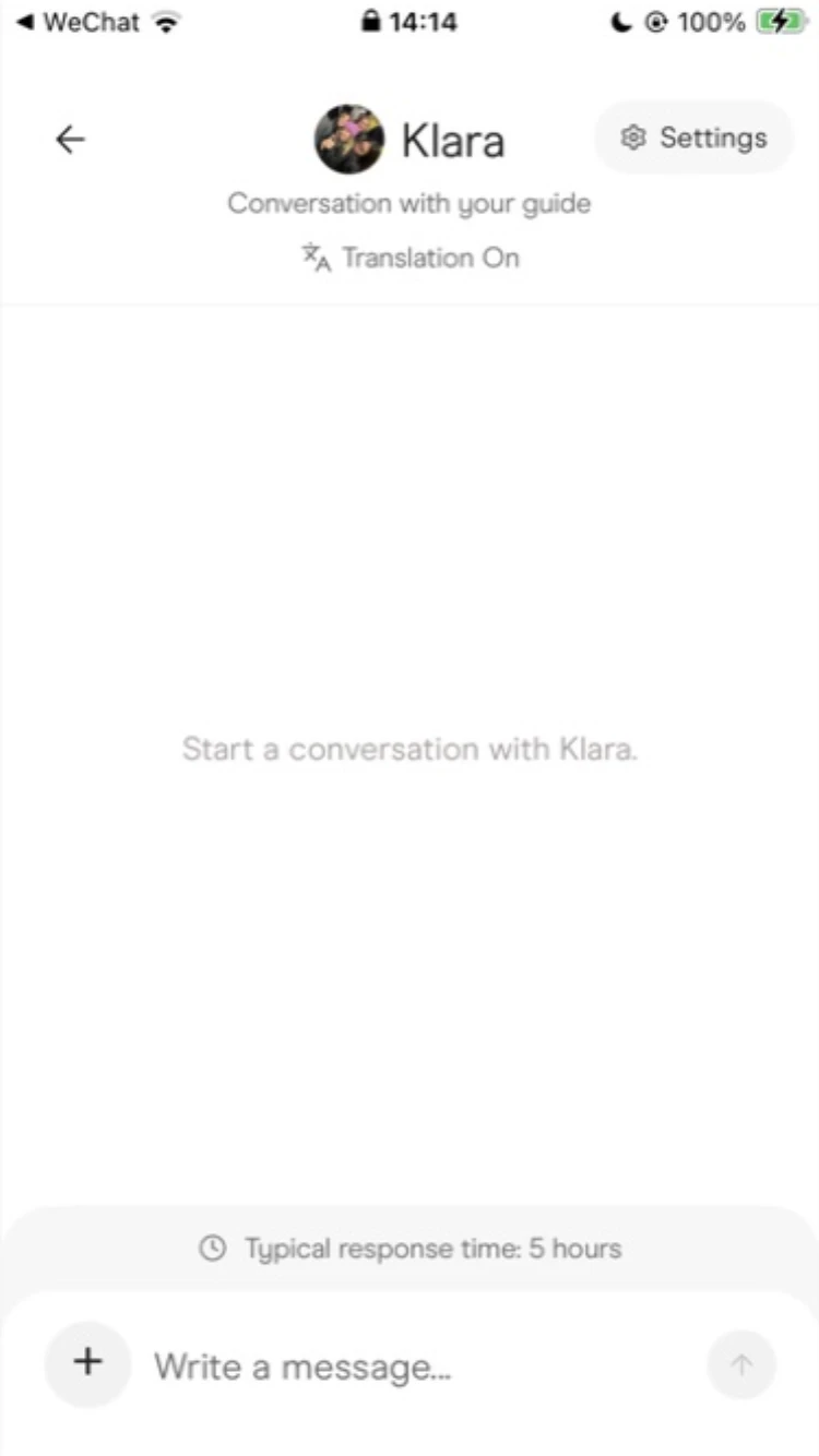 Cpal conversation with guide Klara, with translation enabled